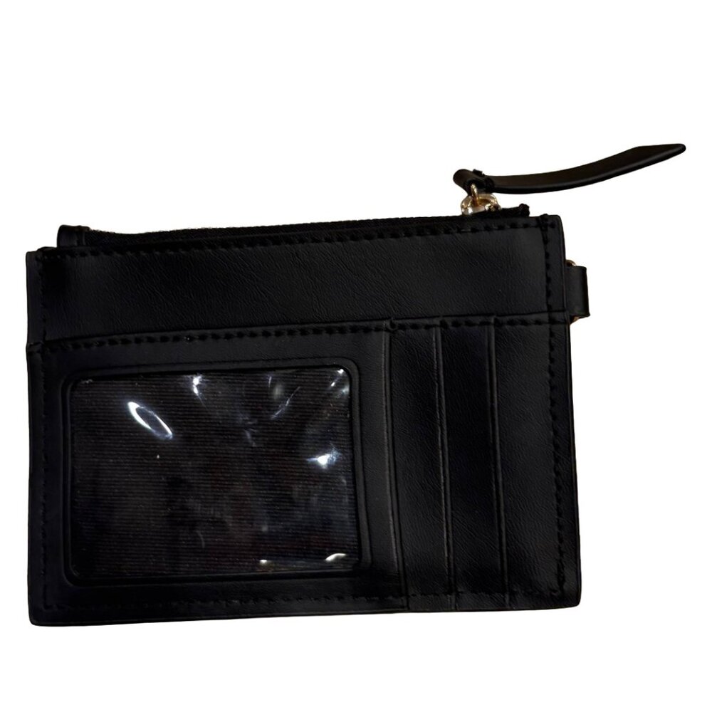 ZAC Zac Posen Black Leather Zip Card Case Wallet Gold Logo - Picture 2 of 4